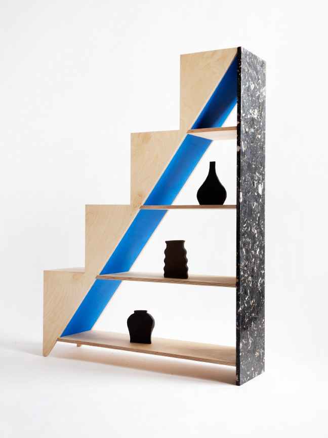 Contrasting Hi Lo Shelving Piece Of Marble And Plywood