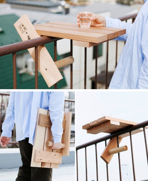 a folding wooden mini table can be attached to the railing, can be used for serving food and drinks and is an eco-friendly idea to rock