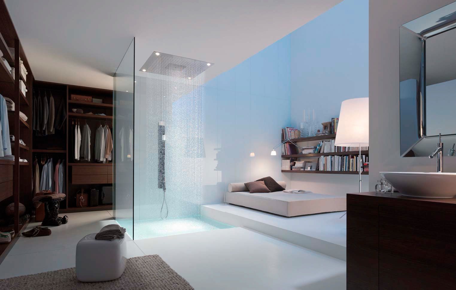 a minimalist white bedroom with a low bed and a large rain shower next to it is a cool idea with a neutral color scheme