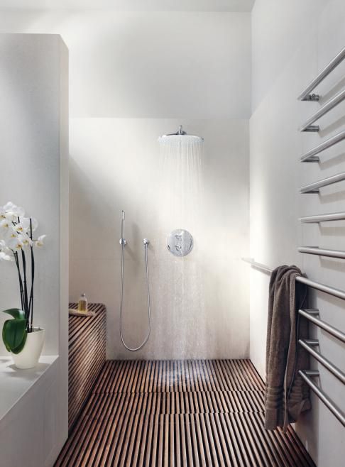 a contemporary neutral shower with a dark-stained wooden floor, a rain shower and stainless steel fixtures