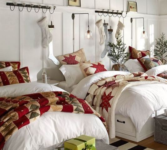 bright star printed bedding, stockings and mini Christmas trees will make your kids' room very cozy and holiday-like