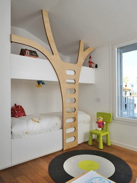 a small but edgy kids' room with built-in bunk beds, with neutral bedding, a plywood staircase and a chair plus a bright rug is a pretty and lovely space