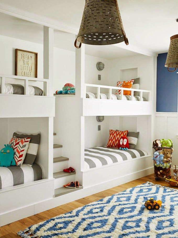 a bright kids' room with navy and white walls, white built in bunk beds, striped bedding and a printed rug is a cool space