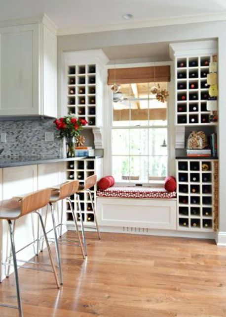 white wine storage units on both sides of the window will fit a modern space and don't take any floor space at all