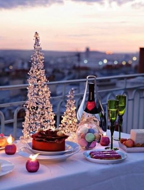 serve some champagne and desserts for only you two in the balcony and decorate the table with Christmas trees and candles
