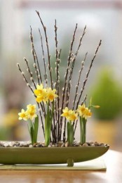a bowl with daffodils, willow and pebbles on top is a refined combo or centerpiece for spring decor
