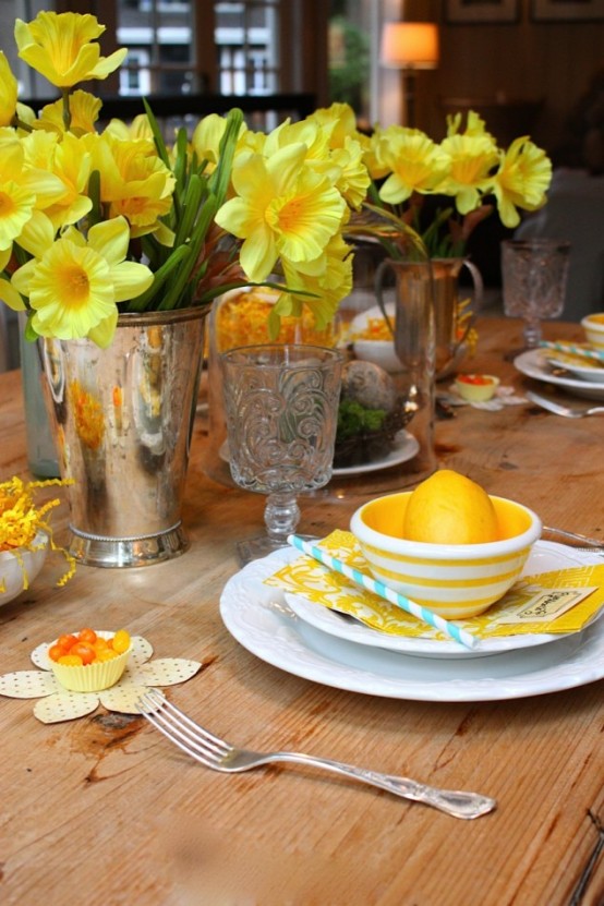 refined vintage metallic vases with daffodils will be always a cool idea for decorating your table for spring