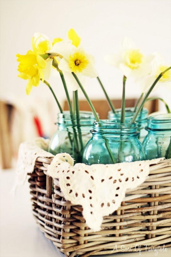 a basket with doilies, blue jars and daffodils is a lovely rustic decor idea for spring, rock it whenever you want