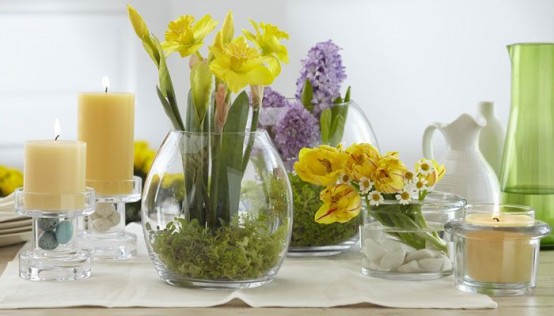 a sheer vase with moss and daffodils is a pretty and cool spring decoration or centerpiece not only for the table but also for other spaces