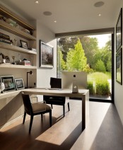a small and chic modern home office with a glazed wall to the garden, built-in shelves, a built-in desk and a couple of chairs is amazing