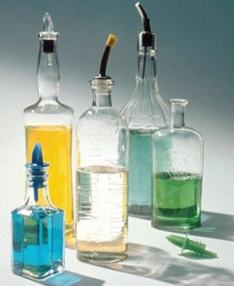clear vintage bottles used for storing syrups will make them look cooler and bolder and will add interest to the space