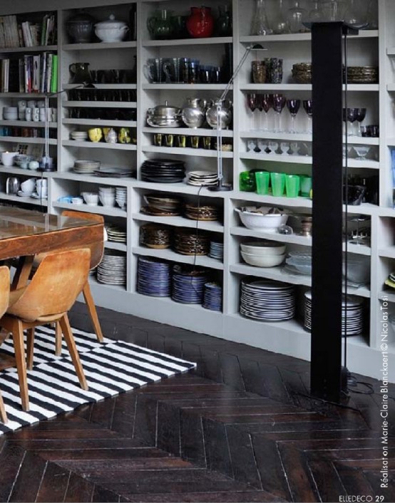 open storage cabinets taking the whole walls are cool for storing everything you want and they don't look too bulky