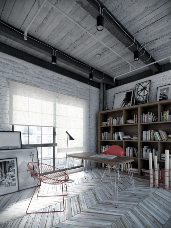 a greish working space clad with whitewashed wood, with white brick walls and large bookcases plus a hairpin leg desk and a duo of bright red chairs for a color accent