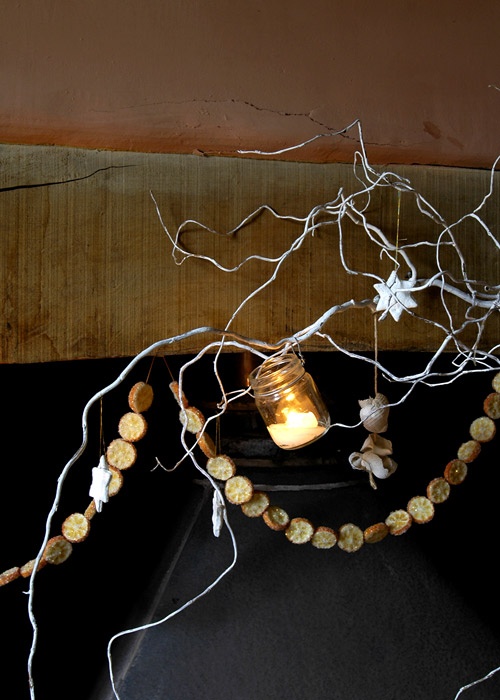 whitewashed branches with dried citrus garlands and star and flower ornaments for a natural touch