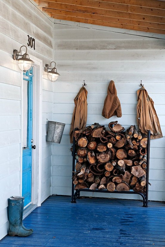 In nordic countries quite often you can find a log holder on a front porch. 