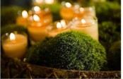 a bowl with moss balls and candles in glasses are great for a simple spring centerpiece