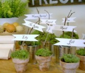 pots with moss and cards on twigs will do nice place cards with a strong springy feel