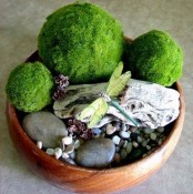 a wooden bowl with pebbles, pinecones, moss bowls and driftwood is a cool spring decoration or centerpiece