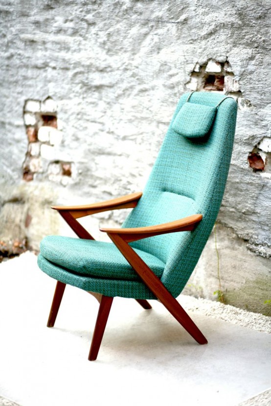a mid-century modern turquoise chair like this one will add elegance and color to your room and will be a timeless solution for any space