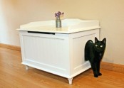 a small vintage bench with a storage space inside that can be used for storing a cat toilet there