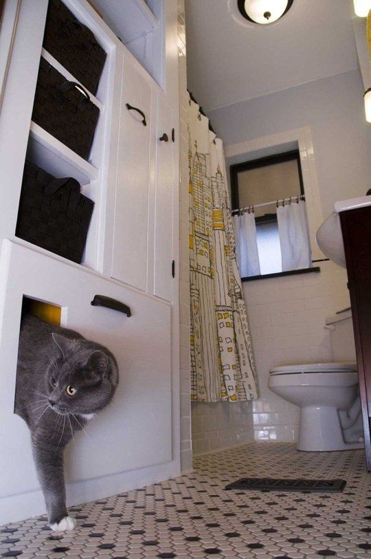 a neutral bathroom with a storage unit and a cat cabinet built-in in the lower part plus a simple entrance for a cat