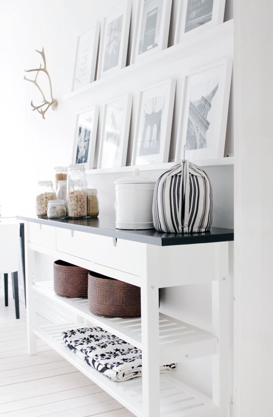 a Nordic space with white ledges and black and white photos in matching frames is a cool and stylish idea