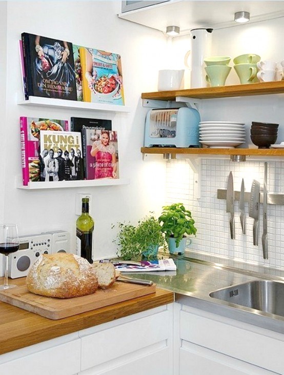 attach some ledges in your kitchen to display your cooking books and have them always at hand