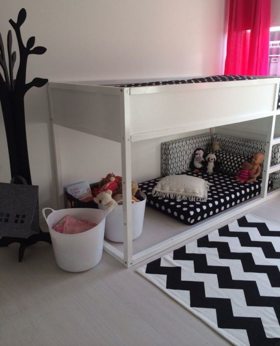 White Ikea Kura Bed for a black and white kids room