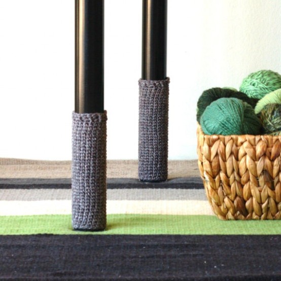 cozy up the legs of your furniture with pretty crochet covers that will also protect your floor from scratches