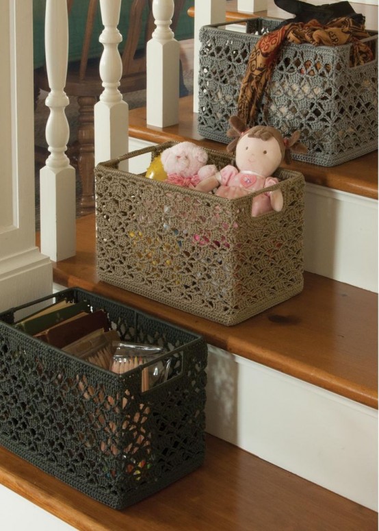 storage crates covered with crochet are a very cute and personalized idea for any vintage or shabby chic space