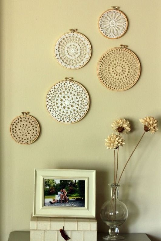 a gallery wall of crochet pieces is a unique decor idea and a pretty way to show off your hobby