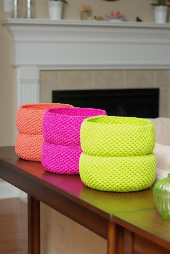 super bold neon crocheted bowls like these ones can be a nice idea for bright and fun home decor and stroing things in a beautiful way