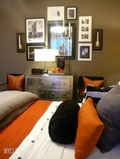 a bright fall bedroom in muted green, grey and orange plus metallics for a bold fall-like look
