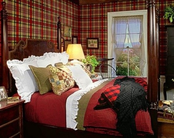a bright fall bedroom done in burgundy, red and greens plus some bright white touches and plaid
