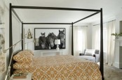 a neutral bedroom refreshed with mustard printed textiles for the fall is a cool idea
