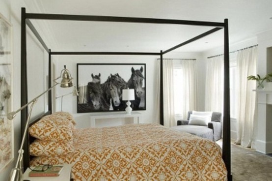 a neutral bedroom refreshed with mustard printed textiles for the fall is a cool idea