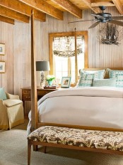 neutrals, beige and brown plus much natural wood make this bedroom really welcoming and fall-like