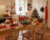 a cozy Christmas kitchen done in red and white, with evergreens, plaid and pinecones for a strong holiday feel