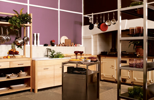 a purple and neutral kitchen with light-stained cabinets, stainless steel appliances and much greenery is very chic and cool