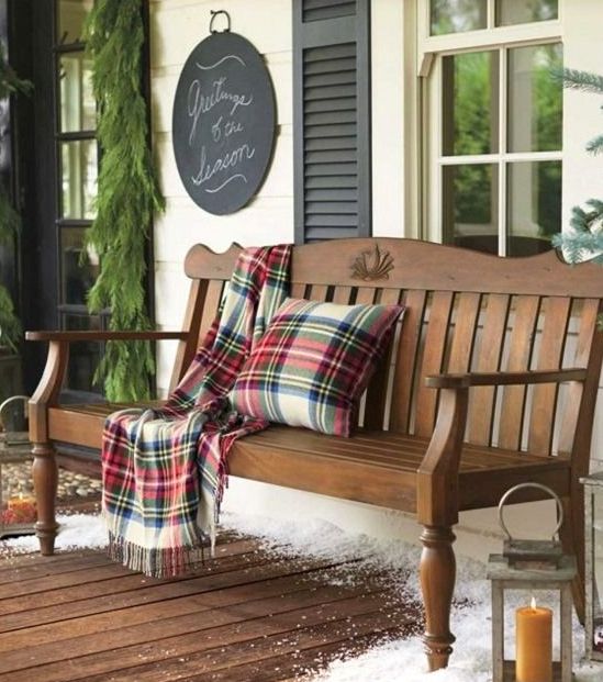 plaid blankets and pillows are great to instantly turn your space into a holiday one, whether you are rocking them indoors or outdoors