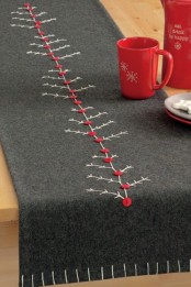 a grey felt table runner with embroidery and red buttons is a lovely decoration for Christmas, it’s a lovely and cool idea