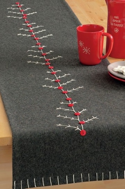 a grey felt table runner with embroidery and red buttons is a lovely decoration for Christmas, it's a lovely and cool idea