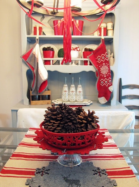 red, white and grey Christmas stockings, mugs, ribbons, a red bowl with pinecones are amazing for bright festive decor