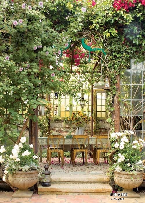 a rustic meets vintage patio with a shabby chic table and yellow chairs, potted greenery and blooms all over