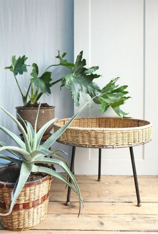 a catchy wicker coffee table as a tray with tall sides is a lovely idea for a rustic space and comfortable for using it for storage