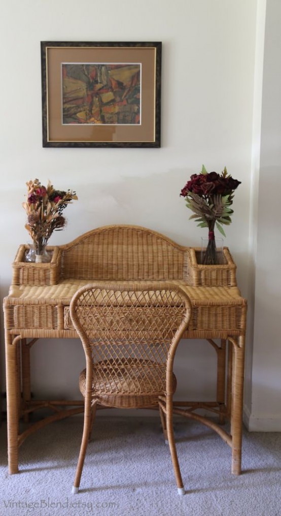 a unique wicker desk and a matching chair are a great and cool solution for a rustic space, they will give a vintage feel to it