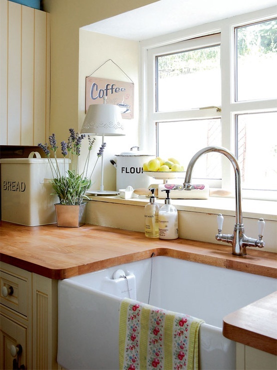 a cozy farmhouse-style kitchen design with a wooden countertop