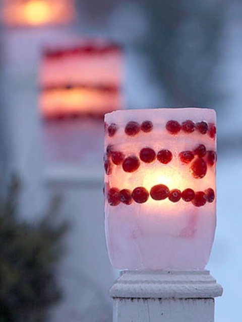 ice candle lanterns with cranberry inside will be awesome outdoor Christmas decorations, they will add texture and color