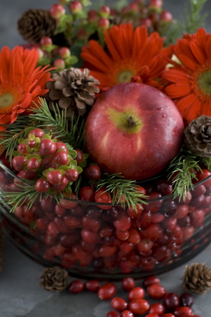 a bowl with evergreens, cranberries, red gerberas, apples, pinecones is a gorgeous and all-natural Christmas centerpiece