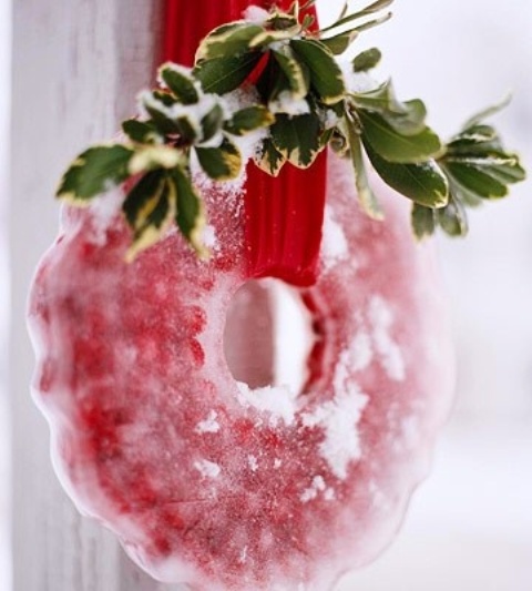 a cranberry ice wreath with greenery on top is a cool and bold decoration for Christmas, it looks colorful and chic